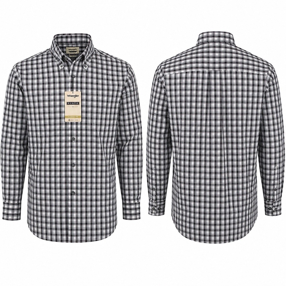 NWT Wrangler Riata Men’s M Plaid Button Down Shirt Gray Black Easy Care Classic